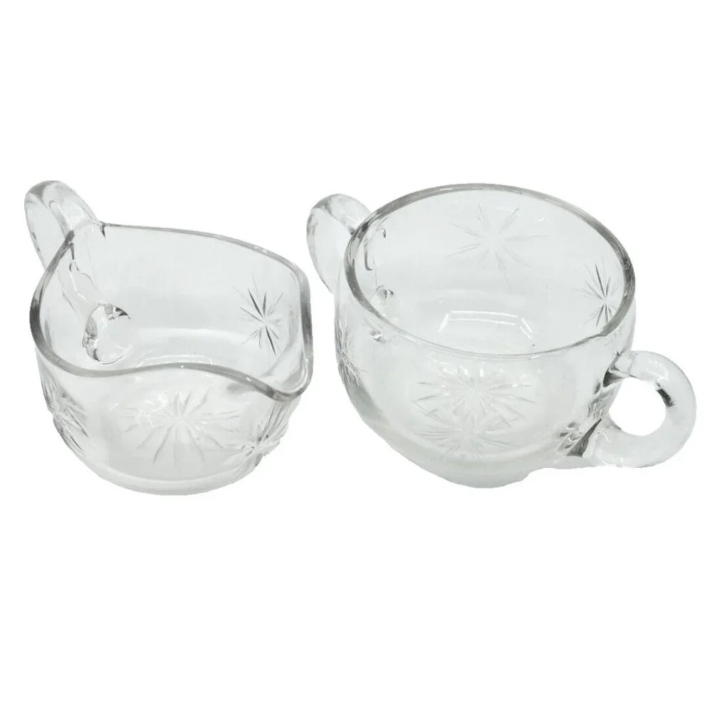 Vintage Mid Century Modern ATOMIC STARBURST Clear Cut Glass Cream & Sugar Set